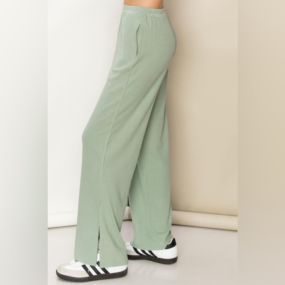 226B-SAGE Ribbed Slit Side Wide Let Pants